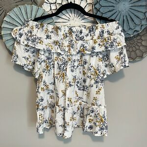 Michael Stars White and Blue Ruffled Off-Shoulder Blouse